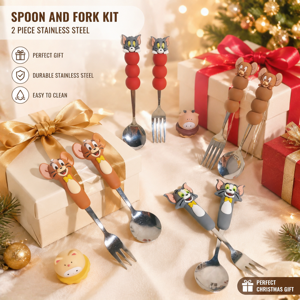 Cute Cartoon Kids Spoon Fork Set, Stainless Steel Toddler Cutlery Set, Fun Character Handle Tableware for Children, Birthday Gift Kitchenware