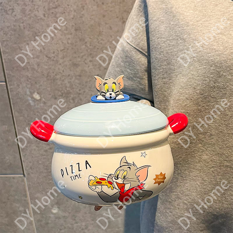 Cute Cartoon Ceramic Bowl Set with Lid, Spoon & Fork – 1100ml