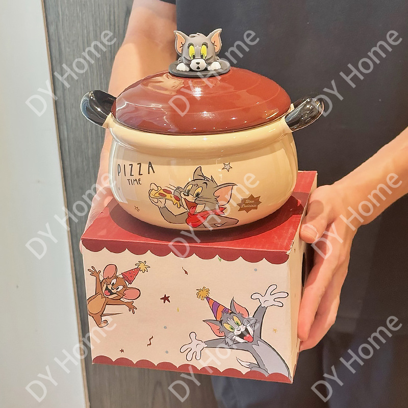Cute Cartoon Ceramic Bowl Set with Lid, Spoon & Fork – 1100ml