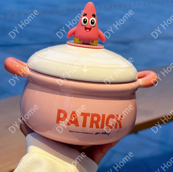 Cute Cartoon Ceramic Bowl Set with Lid, Spoon & Fork – 1100ml