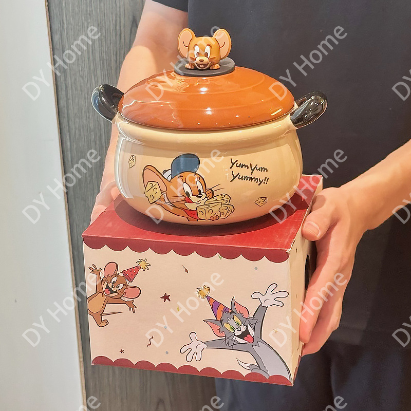 Cute Cartoon Ceramic Bowl Set with Lid, Spoon & Fork – 1100ml