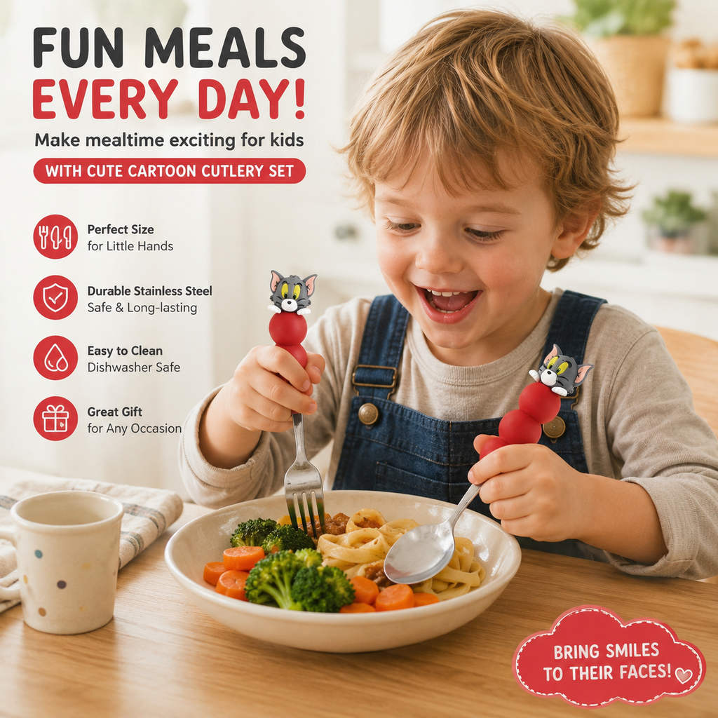 Cute Cartoon Kids Spoon Fork Set, Stainless Steel Toddler Cutlery Set, Fun Character Handle Tableware for Children, Birthday Gift Kitchenware