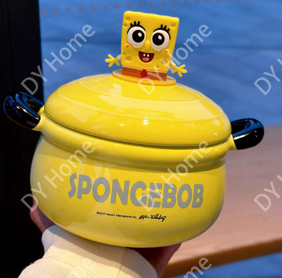 Cute Cartoon Ceramic Bowl Set with Lid, Spoon & Fork – 1100ml