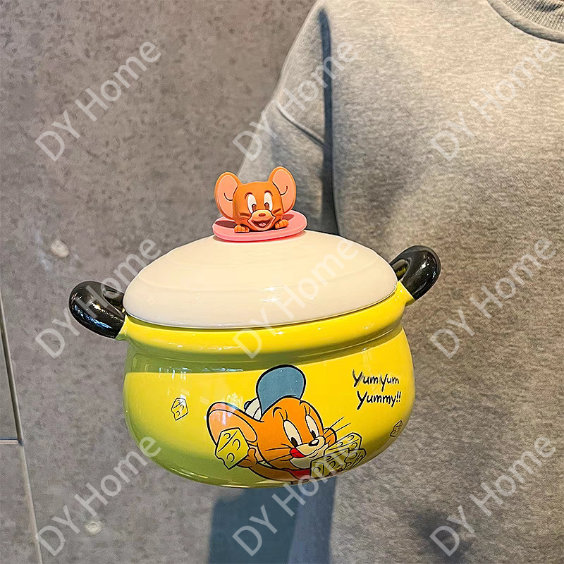 Cute Cartoon Ceramic Bowl Set with Lid, Spoon & Fork – 1100ml